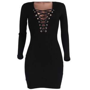 Black Long Sleeve Lace-Up Bodycon Mini Dress